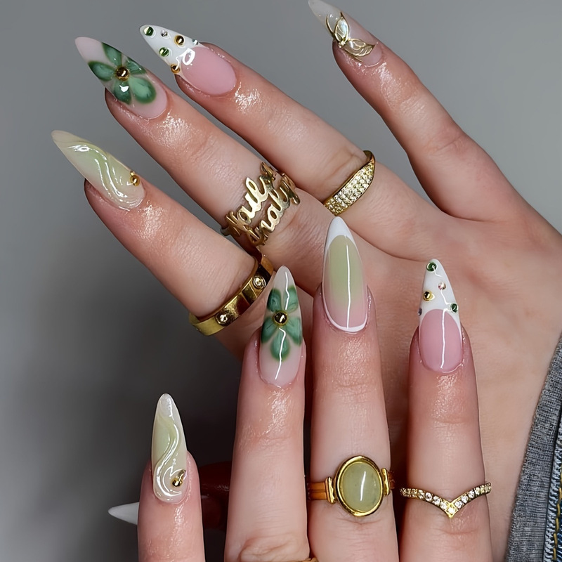 Cross-border hot selling green three-dimensional butterfly carved fake nails 24 pieces of exquisite high-end nail art patch wholesale