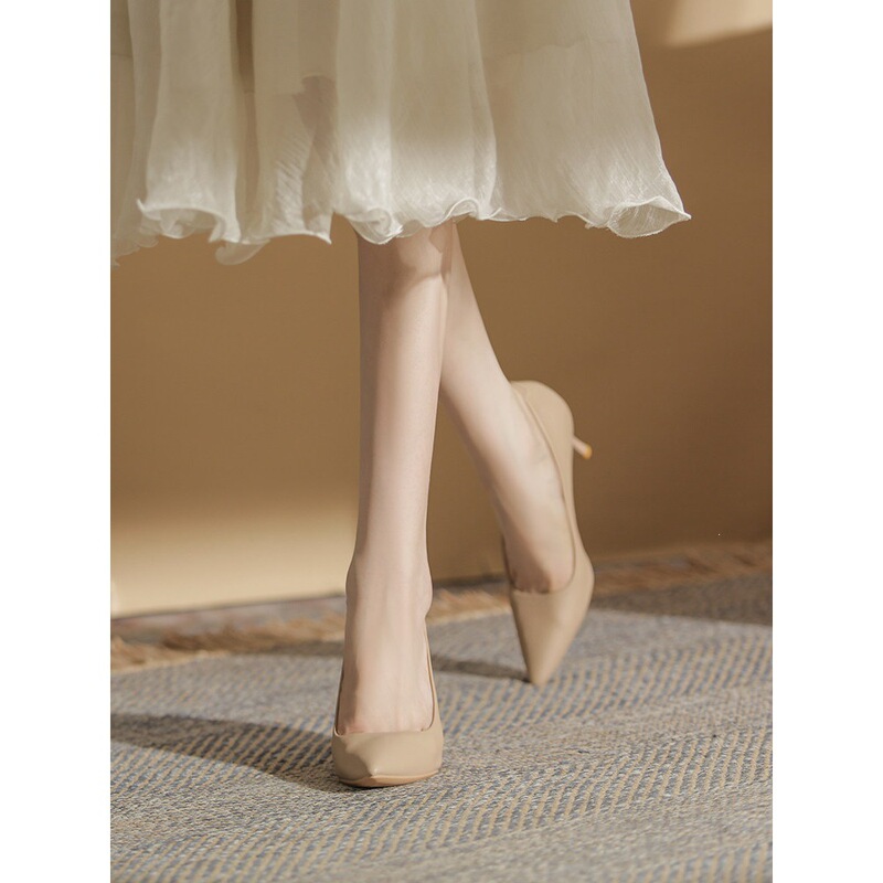 Sheepskin Sexy French-Style Comfortable High-Heeled Shoes for Women, Thin Heel, Shallow Mouth, Pointed Toe, Nude Color, Comfortable 5cm Professional Shoes