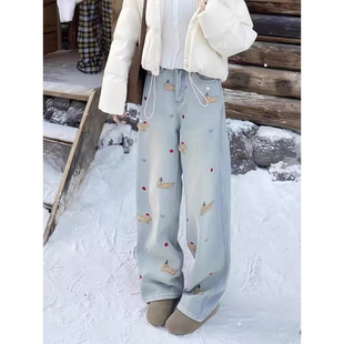 plus size fleece-lined Thickened Jeans Women's Early Spring Chubby Pear-Shaped Body Loose High Waist Slimming Straight Leg Wide-Leg Pants