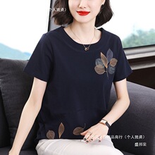 纯棉短袖T恤女2024新款夏装宽松刺绣中老年遮肚半袖小衫妈妈上衣