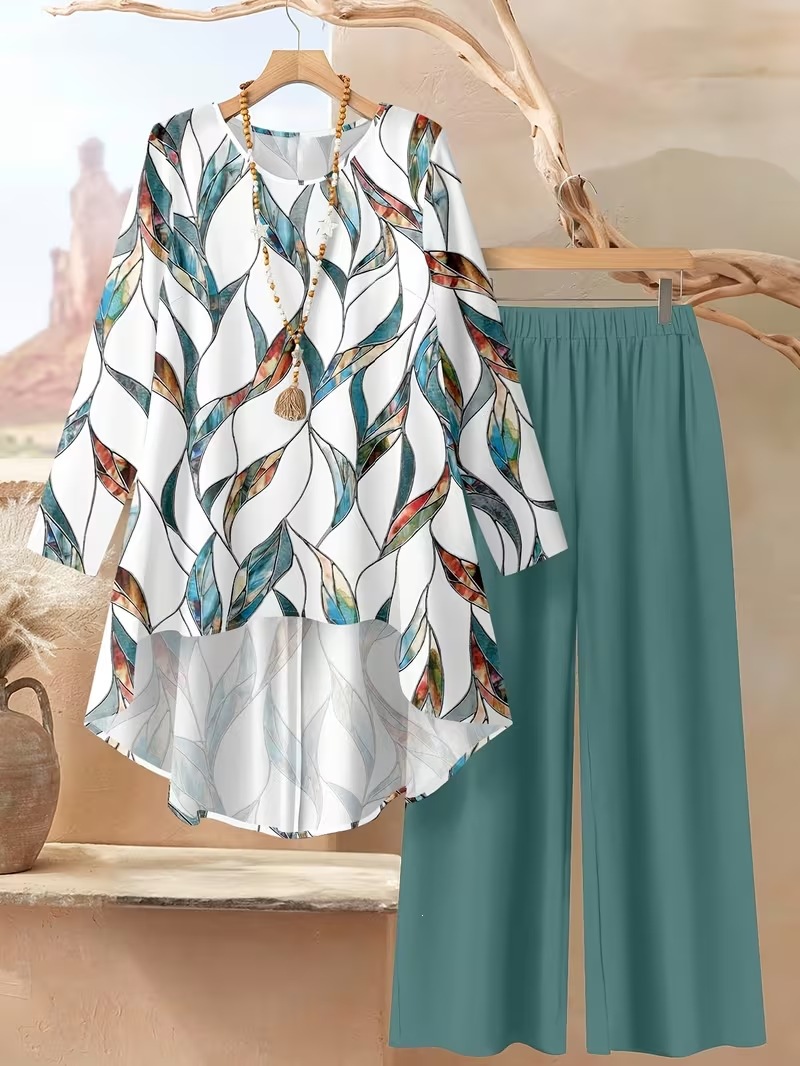 Women's Casual Printed Pant Set Loose-fitting Plus-size Outfit_voghion.com