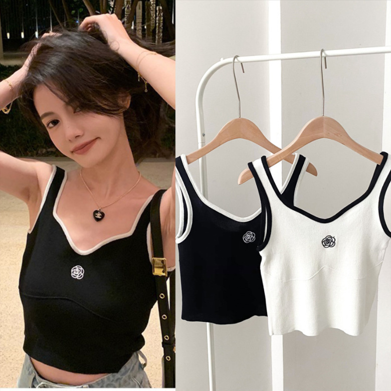 Sling Sleeveless Embroidered Small Fragrance 2024 Summer Versatile Contrasting Color Top with Discreet Short Vest Inner Wear Sling Sleeveless Embroidered Small Fragrance 2024 Summer Versatile Contrasting Color Top with Discreet Short Vest Inner Wear