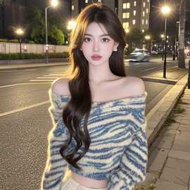 BIN-31-5575性感辣妹风撞色一字肩针织衫女新款纯欲修身显瘦上衣