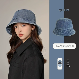 牛仔渔夫帽女显脸小百搭水洗做旧盆帽休闲户外出游男帽子大帽檐