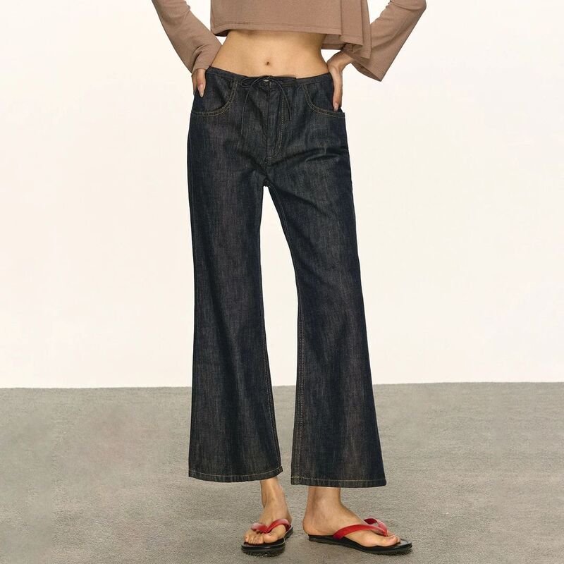 Retro Drawstring Low-Waist Denim Pants for Women, 2026 Summer New Style, Loose Fit, Slimming, Nine-Point Wide-Leg Long Pants