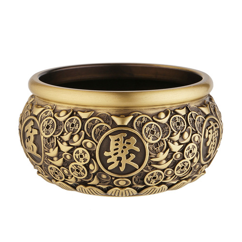 Brass retro ingot five emperors money cornucopia large piggy bank rice cylinder office desktop ornaments opening copper basin