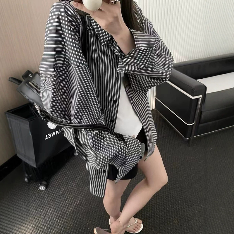 Korean Style Lazy Style Striped Long-Sleeved Shirt for Women Spring & Fall New Loose Mid-Length Casual Polo Collar Shirt Jacket