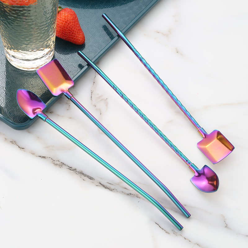 304 stainless steel straw spoon, creative threaded watermelon spoon, iron shovel coffee milk tea dessert spoon, stirrer spoon