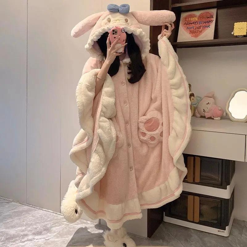 Girls Rabbit Autumn and Winter Cloak Nightgown Women's Coral Velvet Thickened Velvet 2025 New Cartoon Pajamas Hooded Winter