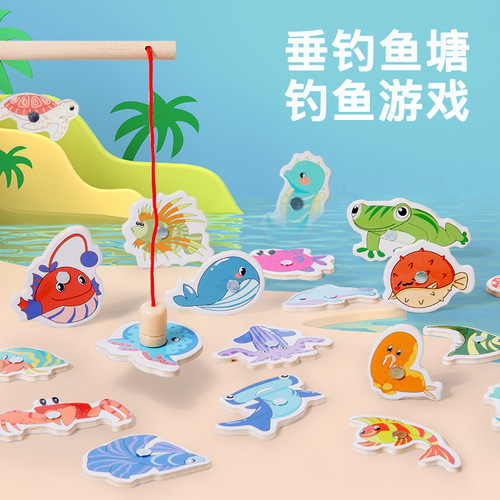 Wooden magnetic fishing toy—direct source supply for kids, an educational hands-on game with realistic design, packaged in a stylish iron box for babies.