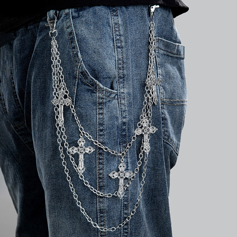 European and American Punk Hip-Hop Style Personalized Alloy Cross Pendant Multi-Layer Jeans Hanging Chain Men's Waist Chain Chain