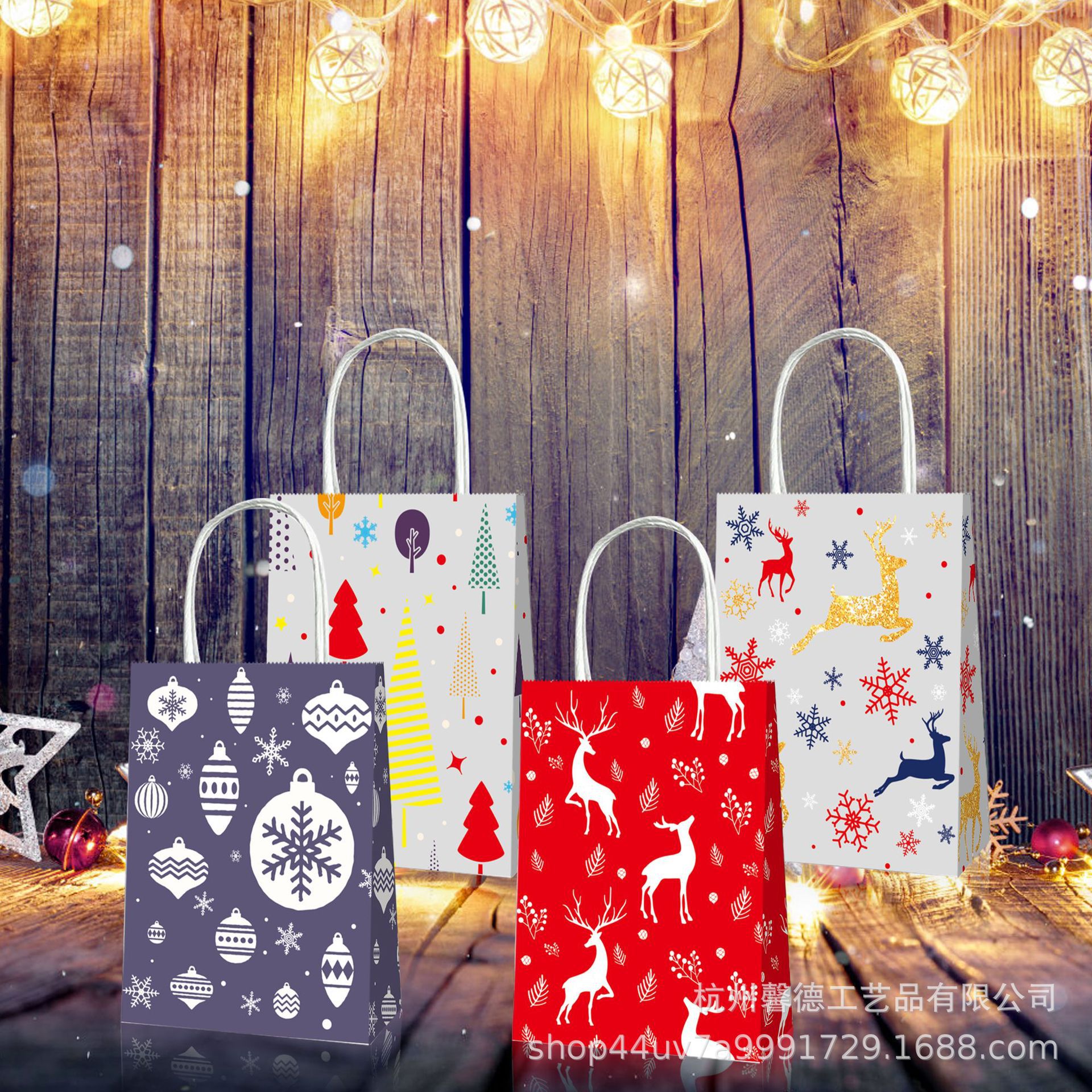 BD056亚马逊 圣诞节树金色麋鹿雪花礼盒派对伴手礼品牛皮纸手提袋