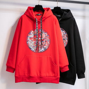 2025 New Year Red New Arrival Cute fleece-lined Sweatshirt Autumn and Winter Thickened Women's Loose Guofeng plus size Coat