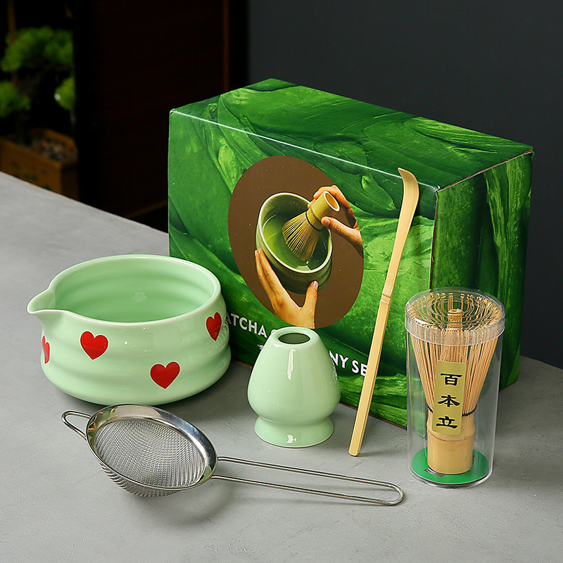 跨境抹茶碗套装樱桃蝴蝶结心形图案花纸陶瓷百本立茶筅点茶系列|undefined