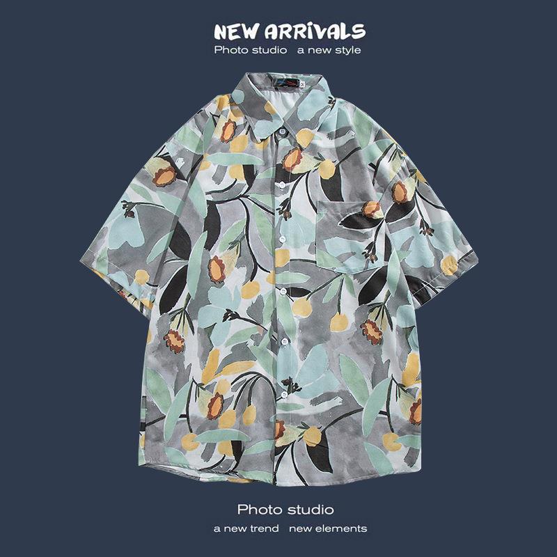 Camisas de manga corta estilo Hong Kong para hombres y mujeres, camisas florales de manga tres cuartos holgadas y delgadas de verano para playa hawaiana