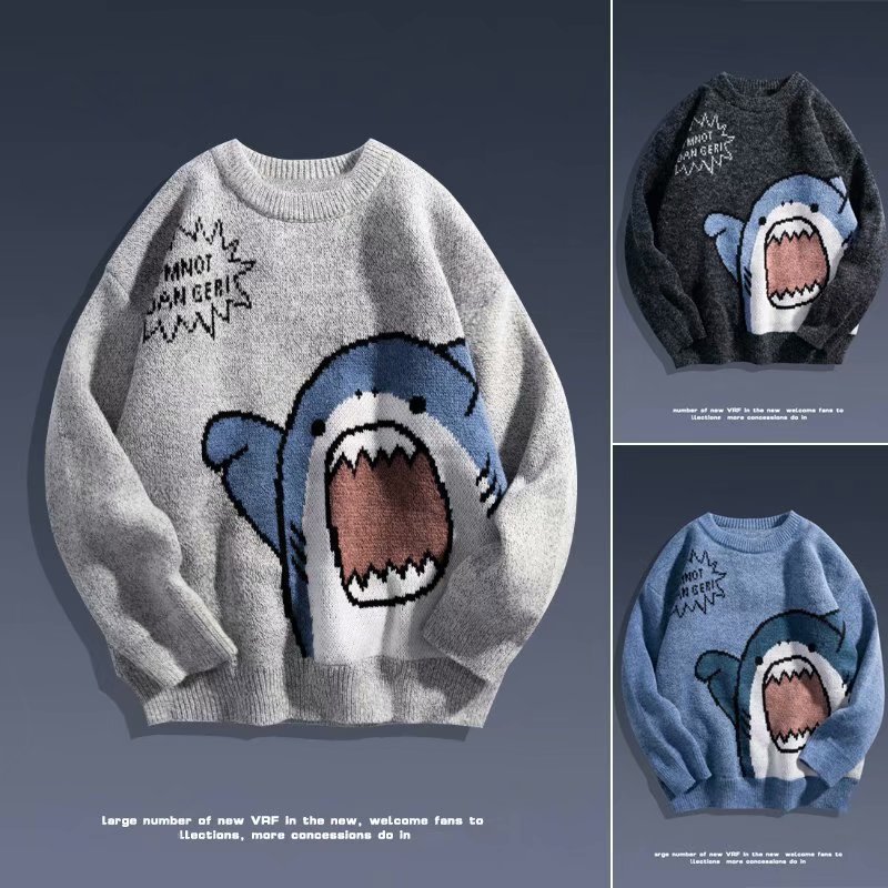 Autumn and Winter Japanese cartoon shark round neck couple sweater men's fashion brand loose Korean style knitwear Hong Kong style ins top