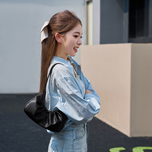 Women's shoulder bag 2025 new high-end folded underarm bag, fashionable solid color, light and all-matching crescent bag, wholesale