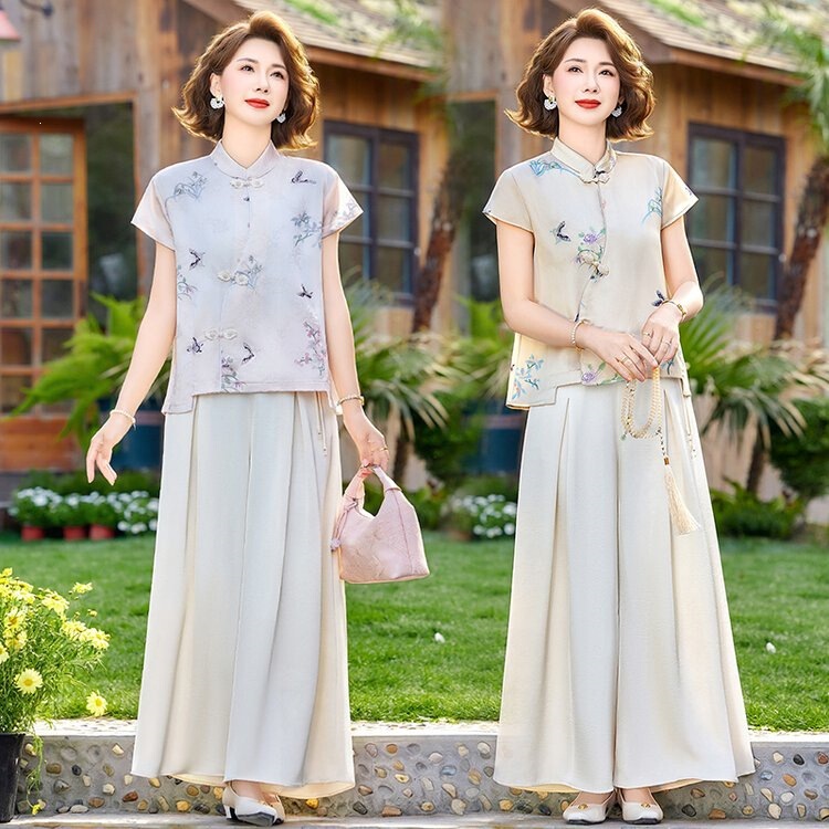 Mom's Summer Dress with a Stylish Look for Women in Their 40S and 50S, Fashionable Printed Dress for Middle-Aged and Elderly Women, Short-Sleeved Long Dress