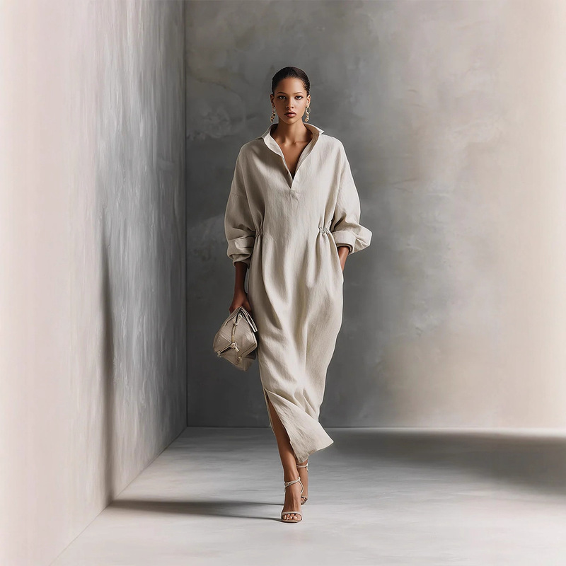 2026 Cross-Border European and American Women's Clothing French Casual Fashion Long Dress with Elegant Temperament, Long Sleeves, Lapel and Slit Dress 2026 Cross-Border European and American Women's Clothing French Casual Fashion Long Dress with Elegant Temperament, Long Sleeves, Lapel and Slit Dress