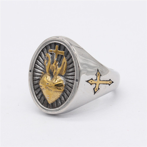 R0988-H European & American Style Jewelry Wholesale: Vintage Titanium Steel Ring with Cross and Heart Designs