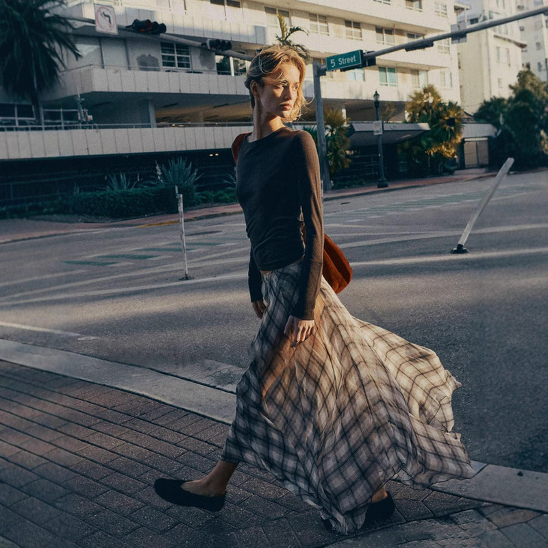 Niche Designer MD 2025 Spring and Summer New Arrival Brown Plaid Chiffon Printed Shirt Irregular Skirt