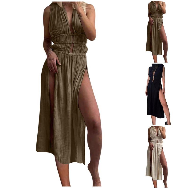 Elegant in stock bohemian linen blend braid belt cut-out caftan dress