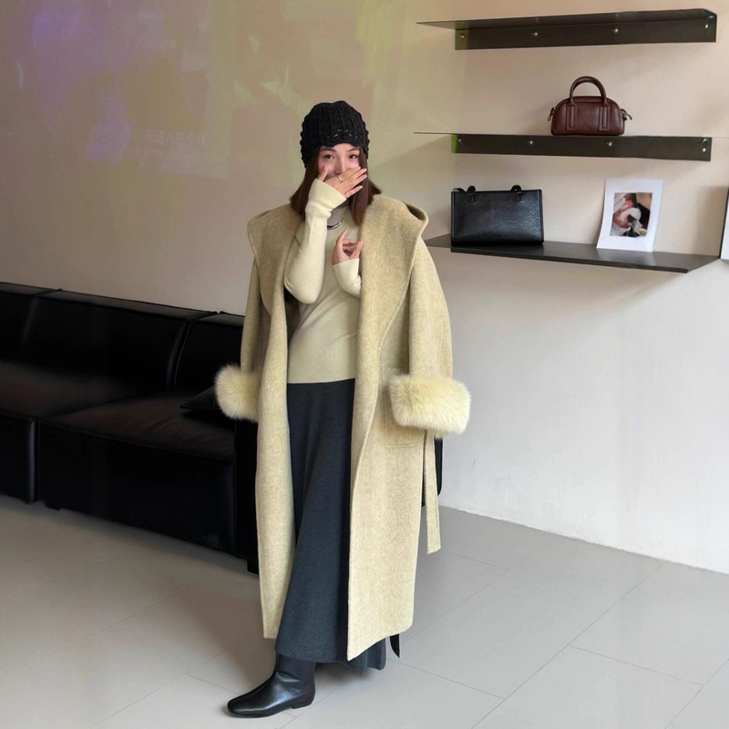 Oversized Fox Fur Cuff Double-Sided Wool Coat Autumn and Winter Long Gentle Hooded Elegant Thickeneded Long Outwear for Women