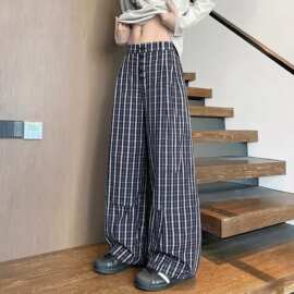 蓝色格子休闲裤男美式小众设计感宽松阔腿慵懒风排扣褶皱弯刀西裤