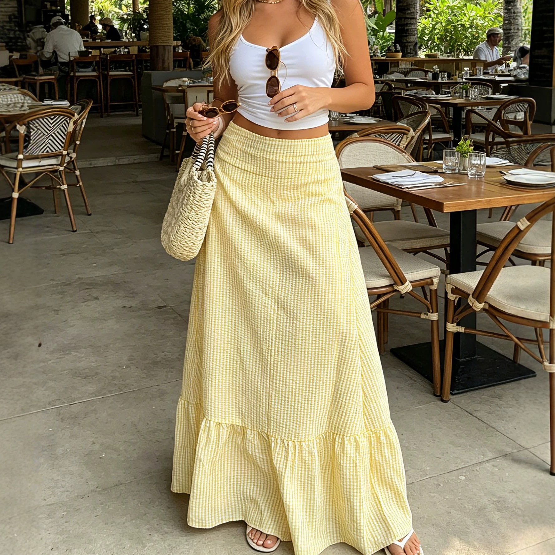 European and American Foreign Trade Women's Clothing, Amazon Independent Site Hot-Selling High-Waisted Striped Umbrella Skirt, Casual Vacation Style Half Skirt