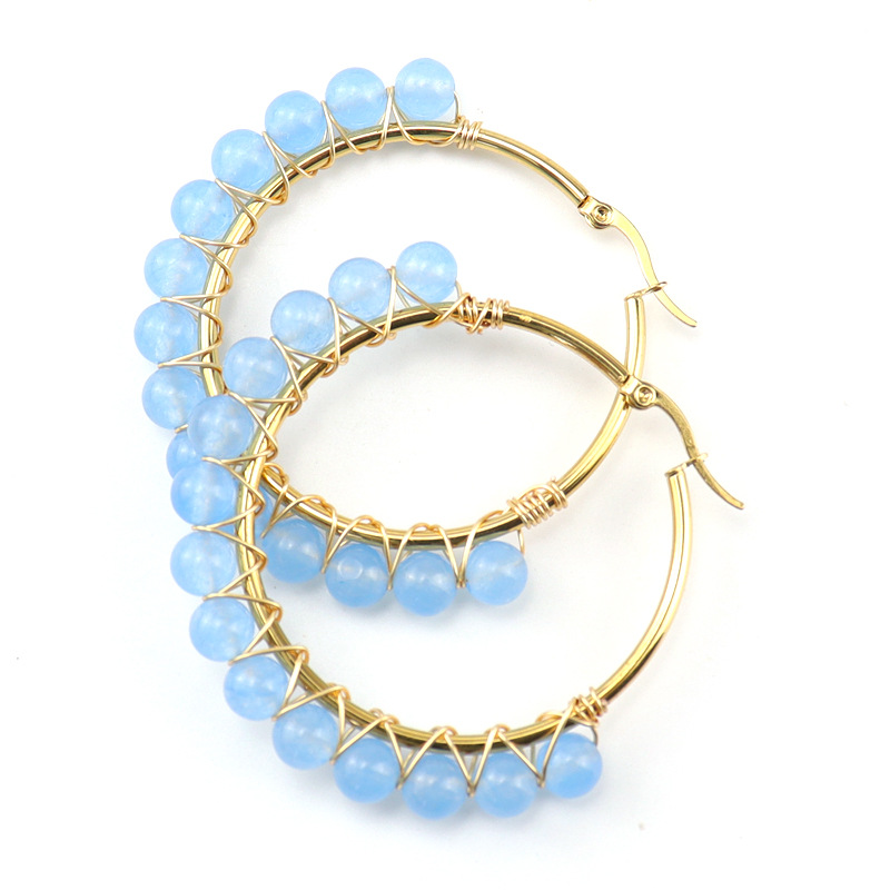 Round Pattern Women'S Gender Beaded, Plating Design 1 Pair Retro Simple Style Round Beaded Plating Natural Stone Copper Hoop Earrings