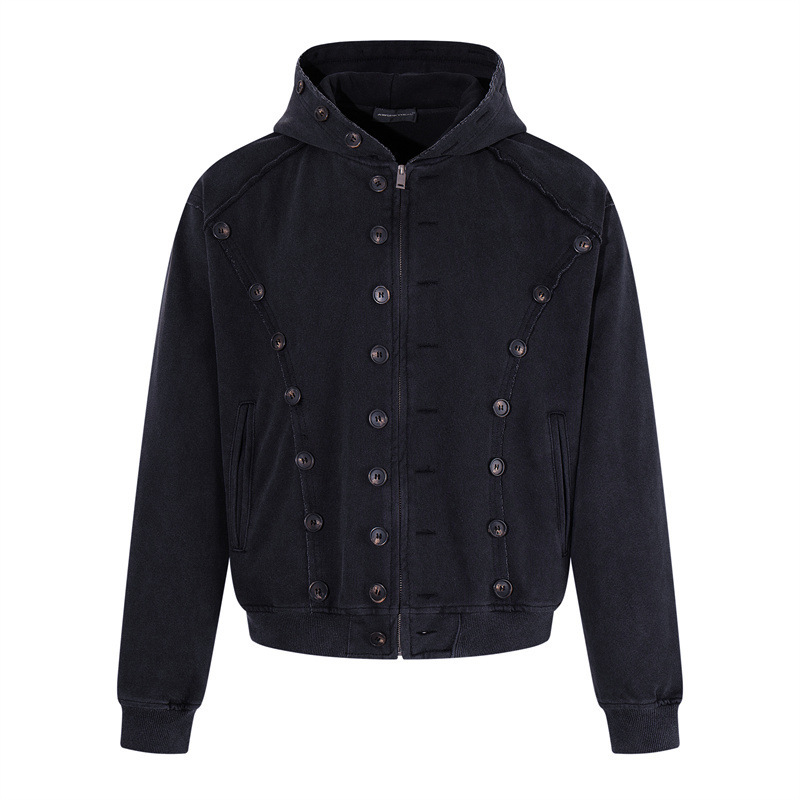 American-style Napoleonic military jacket with hood for men, washed and distressed, multi-button, deconstructed, short cardigan sweatshirt coat American-style Napoleonic military jacket with hood for men, washed and distressed, multi-button, deconstructed, short cardigan sweatshirt coat