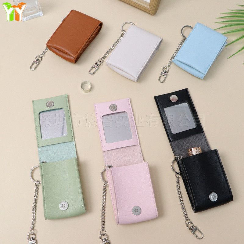 New trendy portable makeup bag with mirror, red chain, convenient and cute makeup pouch, mini lipstick storage box