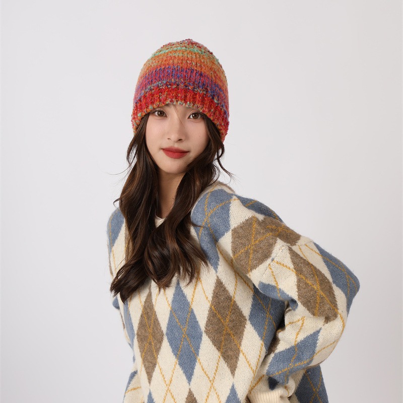 Dopamina Arcobaleno Colore Fatto a Mano per Bambini 2023 Nuovo Autunno/Inverno Lavorato a Maglia Baotou Caldo Freddo Cappello Set_voghion.com