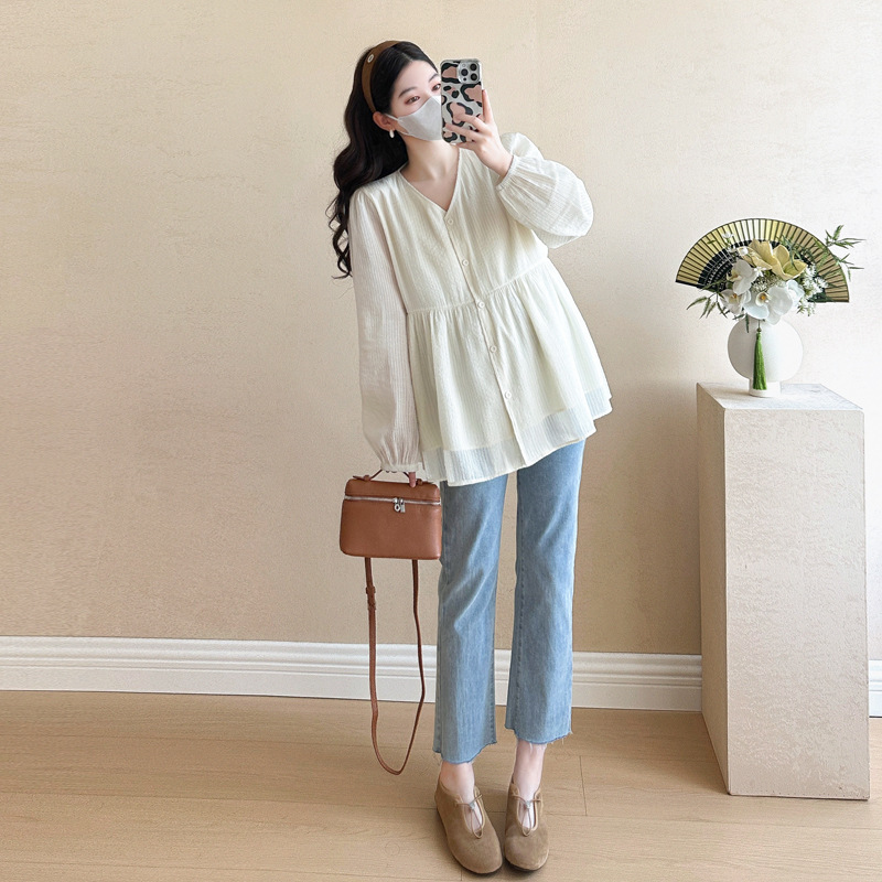 2025春夏服新型新工芸生地韓国版ファッションゆるい妊婦上着ミディアムシャツシフォンシャツ|undefined