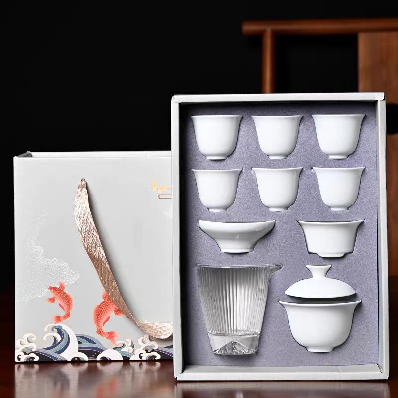 徳化白磁カンフー茶セットギフトボックスカバーボウルティーカップカスタムコンプリートセット会社ギフトお土産ロゴ付き|undefined