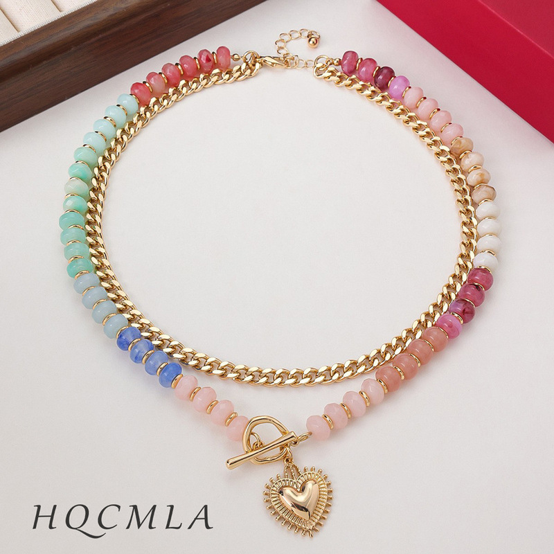 Tk Hot-Selling Dopamine Colorful Beaded Necklace for Women, Clavicle Chain with Ot Clasp, Stackable Heart Pendant Jewelry Wholesale