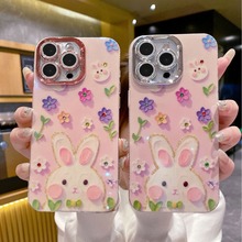 立体滴胶水钻可爱兔子适用苹果15手机壳13闪粉镜头iPhone14保护套