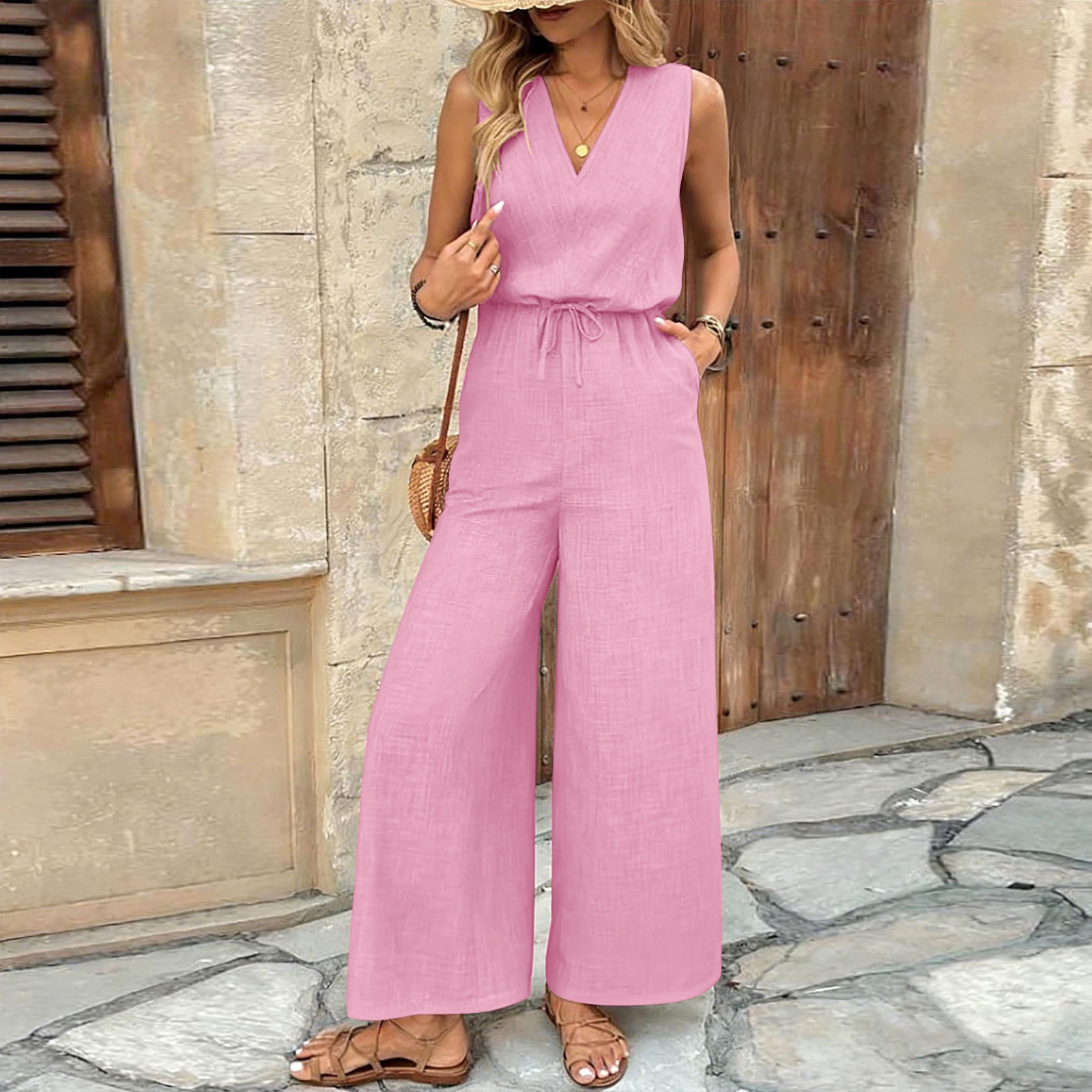 2026 verano nuevo comercio exterior transfronterizo de Europa y América fuente de tejido de color sólido temperamento de moda sin mangas pantalones de mujer monje