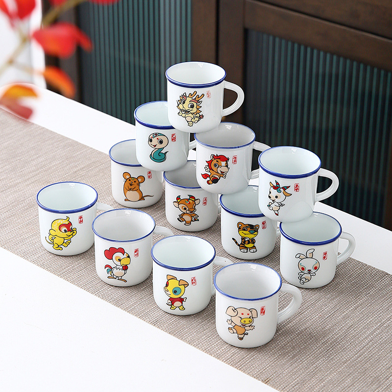 Taza de cerámica de dibujos animados para niños chinos Taza de desayuno Taza de leche Taza de enjuague bucal Taza de esmalte de imitación retro nostálgico del zodiaco