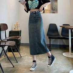 レトロなフォークのまっすぐな筒のカウボーイの半身のスカートの女性の2024春の秋の高い腰はやせている黒色のa字の包みの尻の中で長いスカートを現します。