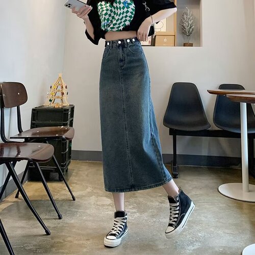 Vintage Straight Hem Wide-Leg Denim Skirt for Women - Spring and Autumn Season High-Waist Slimming Black A-Line Plus-Size Medium Dress