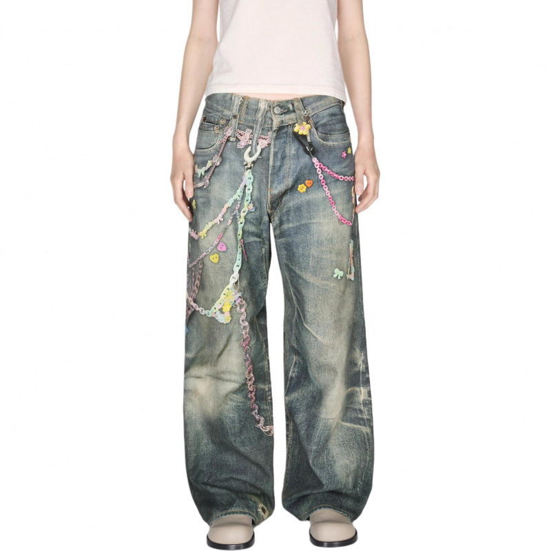 Spring and Summer 2025 New Retro Candy Chain Printed Loose Low Waist Wide Leg Jeans Men and Women Couple Trendy Trousers