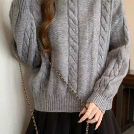 高级高领正肩麻花毛衣2025秋冬大码mm不规则翻领针织衫上衣中式