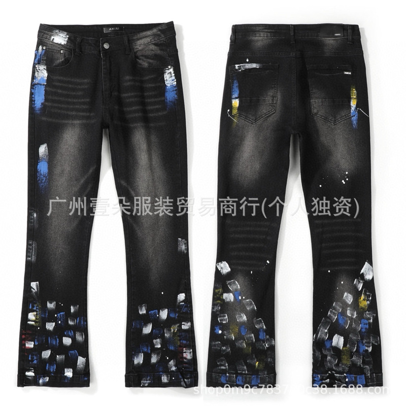 美式高街高品质AM字母刺绣牛仔裤男百搭修身洗水小脚长裤网红同款|undefined