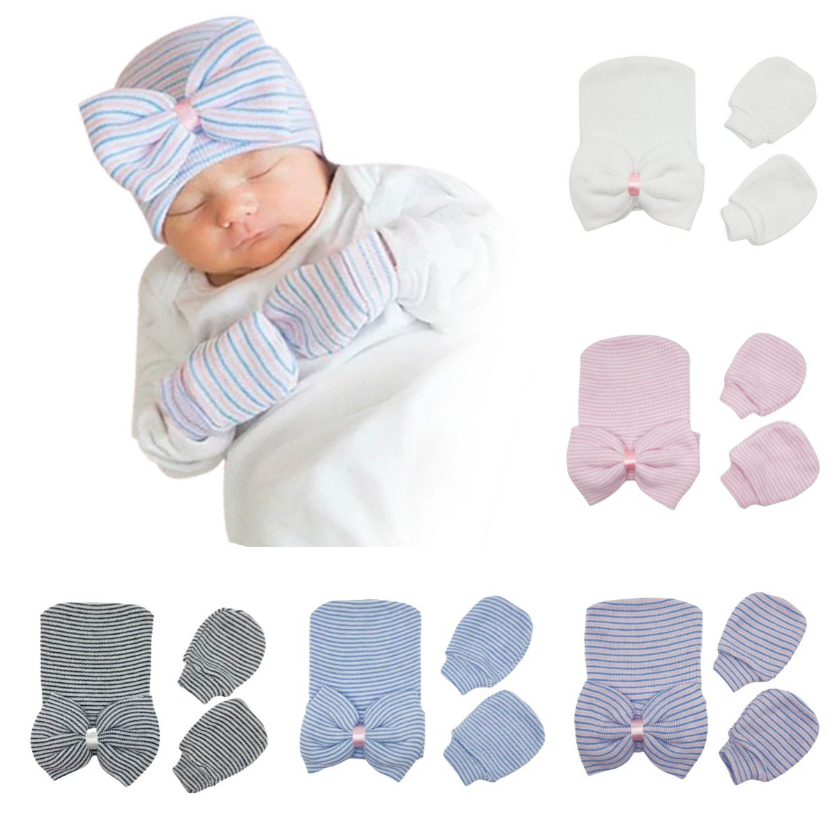 Европейский и американский комплект для новорожденных: вязаная шапочка с бантиком, варежки и шапочка, новый стиль для малышей