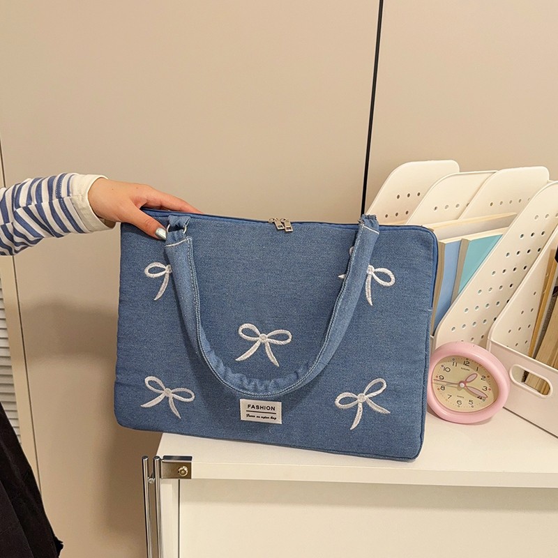 Korean-style new washed denim embroidered laptop bag, suitable for storing tablets, can be used as a shoulder bag or carried by hand