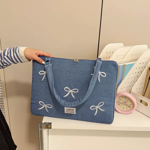Korean-style new washed denim embroidered laptop bag, suitable for storing tablets, can be used as a shoulder bag or carried by hand