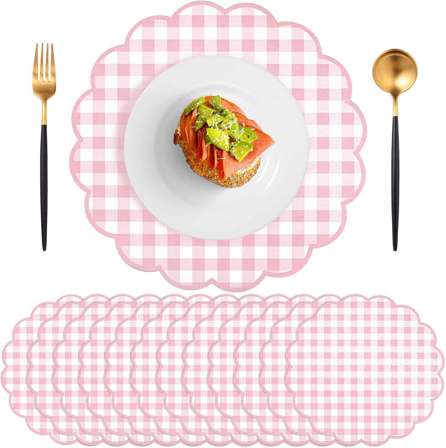 Pink checkered paper disposable placemats, colorful portable table mats with cute floral edges for table decoration