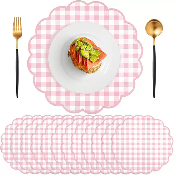 Pink checkered paper disposable placemats, colorful portable table mats with cute floral edges for table decoration