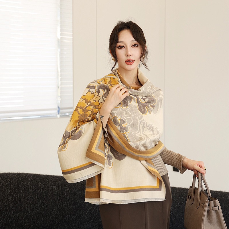 Peony scarf for women in winter, Chinese style double-sided jacquard shawl, warm thick outer layer, photo outfit give to_voghion.com